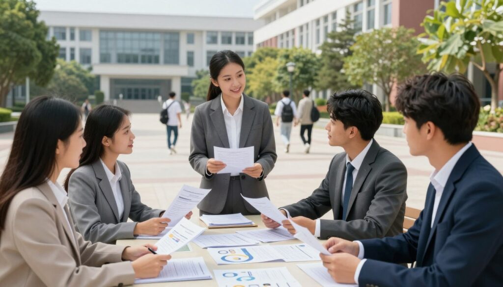 A well-organized recruitment process for university studies after technical school. In the foreground, depict a diverse group of enthusiastic young adults in professional business attire, engaging in discussions and examining application forms. In the middle ground, illustrate a skilled advisor offering guidance, surrounded by informative brochures and academic charts. In the background, feature a modern university campus setting with students walking, trees, and a clear sky, enhancing the hopeful atmosphere. Use bright, natural lighting to create an inviting and motivational mood. Capture the scene from an angled perspective that draws the viewer's eye towards the interaction and excitement of the university recruitment process. A well-organized recruitment process for university studies after technical school. In the foreground, depict a diverse group of enthusiastic young adults in professional business attire, engaging in discussions and examining application forms. In the middle ground, illustrate a skilled advisor offering guidance, surrounded by informative brochures and academic charts. In the background, feature a modern university campus setting with students walking, trees, and a clear sky, enhancing the hopeful atmosphere. Use bright, natural lighting to create an inviting and motivational mood. Capture the scene from an angled perspective that draws the viewer's eye towards the interaction and excitement of the university recruitment process.
