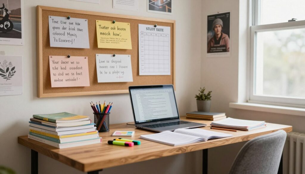 A well-organized study space that highlights key elements of effective high school exam preparation. In the foreground, a wooden desk with neatly stacked textbooks, colorful highlighters, and a laptop displaying study materials. In the middle ground, a bulletin board filled with motivational quotes and a study timetable. A cozy chair is positioned at the desk, emphasizing a focused learning environment. The background features a well-lit room with inspirational posters on the walls and a large window allowing natural light to illuminate the scene. The atmosphere is calm and encouraging, imbued with a sense of purpose and determination. Use warm, inviting lighting to create a conducive study ambiance, captured at eye level to enhance connection. A well-organized study space that highlights key elements of effective high school exam preparation. In the foreground, a wooden desk with neatly stacked textbooks, colorful highlighters, and a laptop displaying study materials. In the middle ground, a bulletin board filled with motivational quotes and a study timetable. A cozy chair is positioned at the desk, emphasizing a focused learning environment. The background features a well-lit room with inspirational posters on the walls and a large window allowing natural light to illuminate the scene. The atmosphere is calm and encouraging, imbued with a sense of purpose and determination. Use warm, inviting lighting to create a conducive study ambiance, captured at eye level to enhance connection.