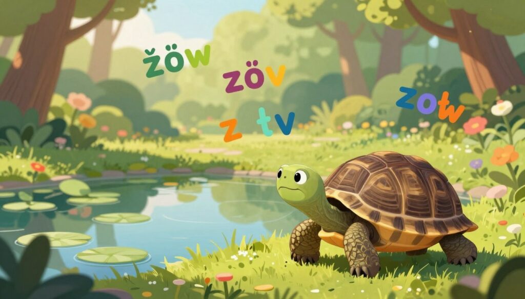 A whimsical illustration of a tortoise surrounded by common spelling errors related to the word "żółw." In the foreground, a friendly tortoise, looking curious and slightly confused, gazes at floating colorful letters like "zółw," "zółv," and "zołw," which represent common mistakes. The middle ground features a serene pond with lily pads and soft reflections, adding depth to the scene. In the background, a lush green landscape with vibrant flowers and towering trees, bathed in warm sunlight filtering through leaves, conveys a peaceful atmosphere. Utilize soft, natural lighting to enhance the mood, capturing the essence of learning and curiosity in a magical, educational setting. A whimsical illustration of a tortoise surrounded by common spelling errors related to the word "żółw." In the foreground, a friendly tortoise, looking curious and slightly confused, gazes at floating colorful letters like "zółw," "zółv," and "zołw," which represent common mistakes. The middle ground features a serene pond with lily pads and soft reflections, adding depth to the scene. In the background, a lush green landscape with vibrant flowers and towering trees, bathed in warm sunlight filtering through leaves, conveys a peaceful atmosphere. Utilize soft, natural lighting to enhance the mood, capturing the essence of learning and curiosity in a magical, educational setting.