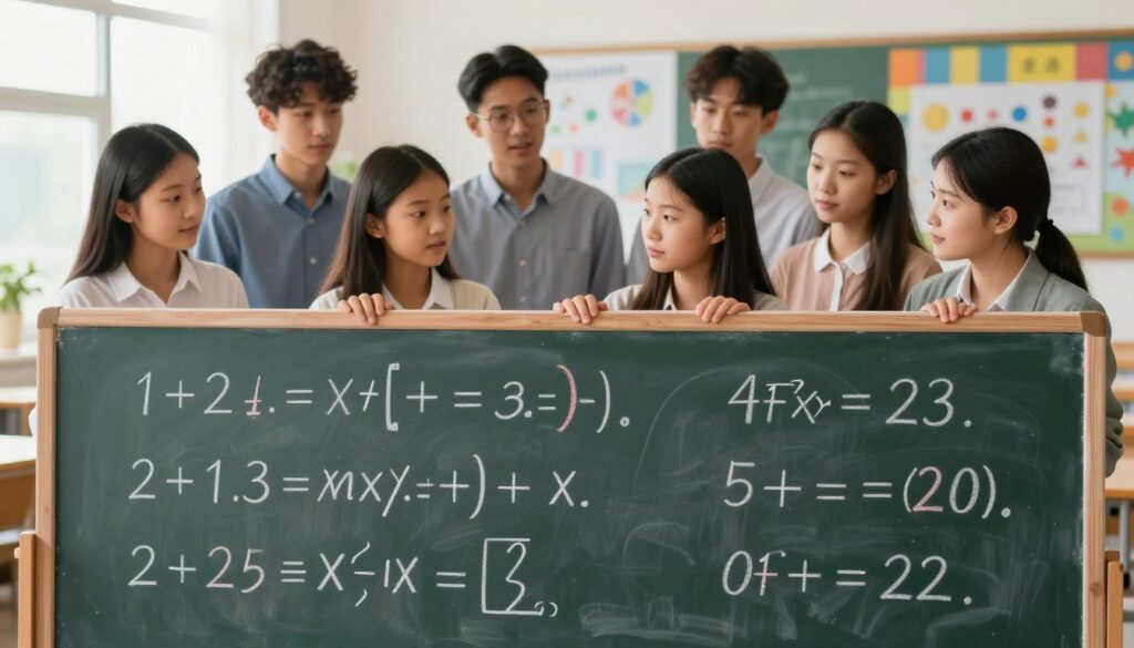 An engaging and educational illustration of basic algebraic operations. In the foreground, draw a well-organized chalkboard filled with various algebraic equations, including addition, subtraction, multiplication, and division, creatively visualized with colorful chalk. In the middle ground, a diverse group of students of various ages, dressed in professional and modest casual clothing, attentively reviewing a complex equation together, with expressions of curiosity and concentration. In the background, a bright, sunlit classroom setting with educational posters featuring mathematical concepts and vibrant classroom elements, evoking a scholarly atmosphere. Use soft, natural lighting to create a warm and inviting mood, with a slightly blurred depth of field to focus on the students and the chalkboard. An engaging and educational illustration of basic algebraic operations. In the foreground, draw a well-organized chalkboard filled with various algebraic equations, including addition, subtraction, multiplication, and division, creatively visualized with colorful chalk. In the middle ground, a diverse group of students of various ages, dressed in professional and modest casual clothing, attentively reviewing a complex equation together, with expressions of curiosity and concentration. In the background, a bright, sunlit classroom setting with educational posters featuring mathematical concepts and vibrant classroom elements, evoking a scholarly atmosphere. Use soft, natural lighting to create a warm and inviting mood, with a slightly blurred depth of field to focus on the students and the chalkboard.
