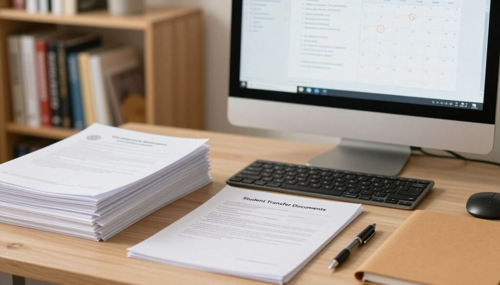 An organized workspace featuring an array of student transfer documents. In the foreground, a stack of neatly arranged official papers labeled 'Student Transfer Documents,' alongside a pen and a folder. In the middle, a desktop computer displays a partially visible application form and a calendar with important deadlines circled. In the background, a softly blurred bookshelf filled with educational books and resources, with warm, inviting lighting casting a cozy atmosphere throughout the scene. The composition should evoke professionalism and focus, ideal for a study environment. The image captures an essence of preparation and diligence, with a clean and orderly aesthetic. An organized workspace featuring an array of student transfer documents. In the foreground, a stack of neatly arranged official papers labeled 'Student Transfer Documents,' alongside a pen and a folder. In the middle, a desktop computer displays a partially visible application form and a calendar with important deadlines circled. In the background, a softly blurred bookshelf filled with educational books and resources, with warm, inviting lighting casting a cozy atmosphere throughout the scene. The composition should evoke professionalism and focus, ideal for a study environment. The image captures an essence of preparation and diligence, with a clean and orderly aesthetic.