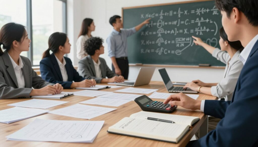 An organized workspace with a large wooden table covered in mathematical papers and a chalkboard filled with neatly drawn systems of equations. In the foreground, a pair of hands is using a calculator, with a close-up on an open notebook filled with step-by-step solutions. In the middle, a diverse group of professionals in business attire engages in a collaborative discussion, pointing at the equations on the chalkboard. The background features a large window letting in soft natural light, enhancing a bright and focused atmosphere. The scene conveys a sense of determination and teamwork, perfect for illustrating practical examples of solving systems of equations. The camera angle is slightly elevated, capturing the entire setting while maintaining clarity on the details. An organized workspace with a large wooden table covered in mathematical papers and a chalkboard filled with neatly drawn systems of equations. In the foreground, a pair of hands is using a calculator, with a close-up on an open notebook filled with step-by-step solutions. In the middle, a diverse group of professionals in business attire engages in a collaborative discussion, pointing at the equations on the chalkboard. The background features a large window letting in soft natural light, enhancing a bright and focused atmosphere. The scene conveys a sense of determination and teamwork, perfect for illustrating practical examples of solving systems of equations. The camera angle is slightly elevated, capturing the entire setting while maintaining clarity on the details.
