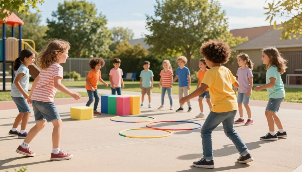 Children aged 6 to 9 joyfully engage in various creative movement games in a sunny outdoor playground setting. In the foreground, a diverse group of children, wearing bright, casual clothing, are playing a game of 'follow the leader,' with exaggerated, playful movements. In the middle ground, some kids are seen using colorful foam blocks and hula hoops to create an obstacle course, showcasing teamwork and laughter. The background features green trees and a clear blue sky, enhancing the cheerful atmosphere. Soft, warm sunlight casts gentle shadows and highlights the vibrant colors. The scene captures the energy and creativity of physical play, encouraging an inviting and joyful spirit for young children.